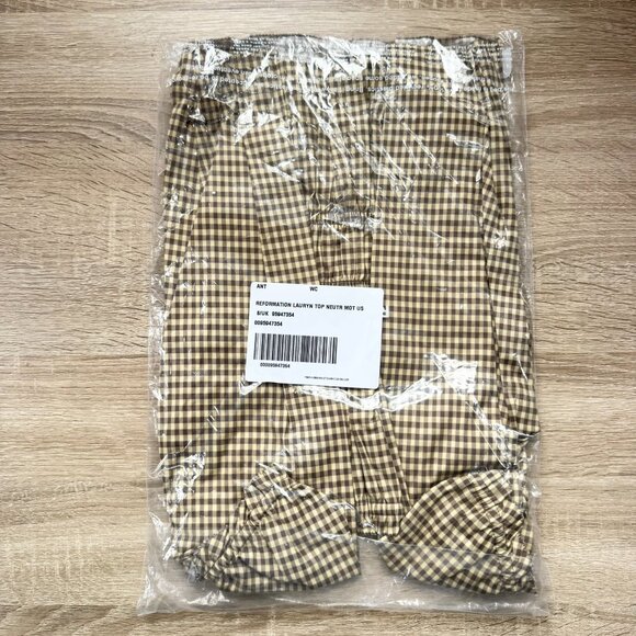 NWT Reformation Lauryn Checkered Quarter Sleeve Bow Top Brown 8 - Picture 12 of 17